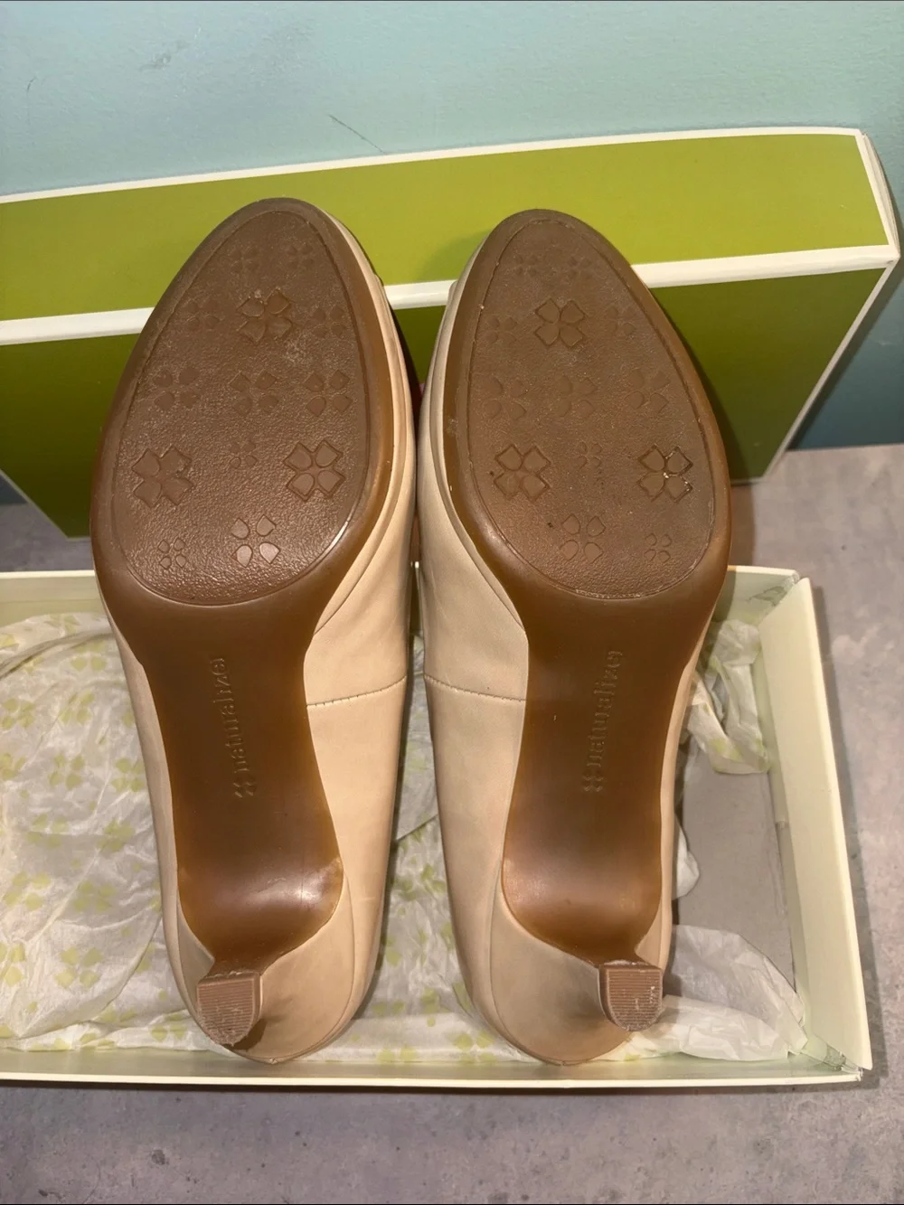 Peep-Toe Nude Patent Mid-Heel Pumps